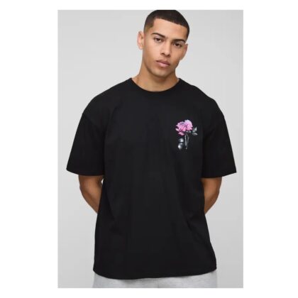 boohooMAN Men's Oversized Rose Print Official T-Shirt – Black
