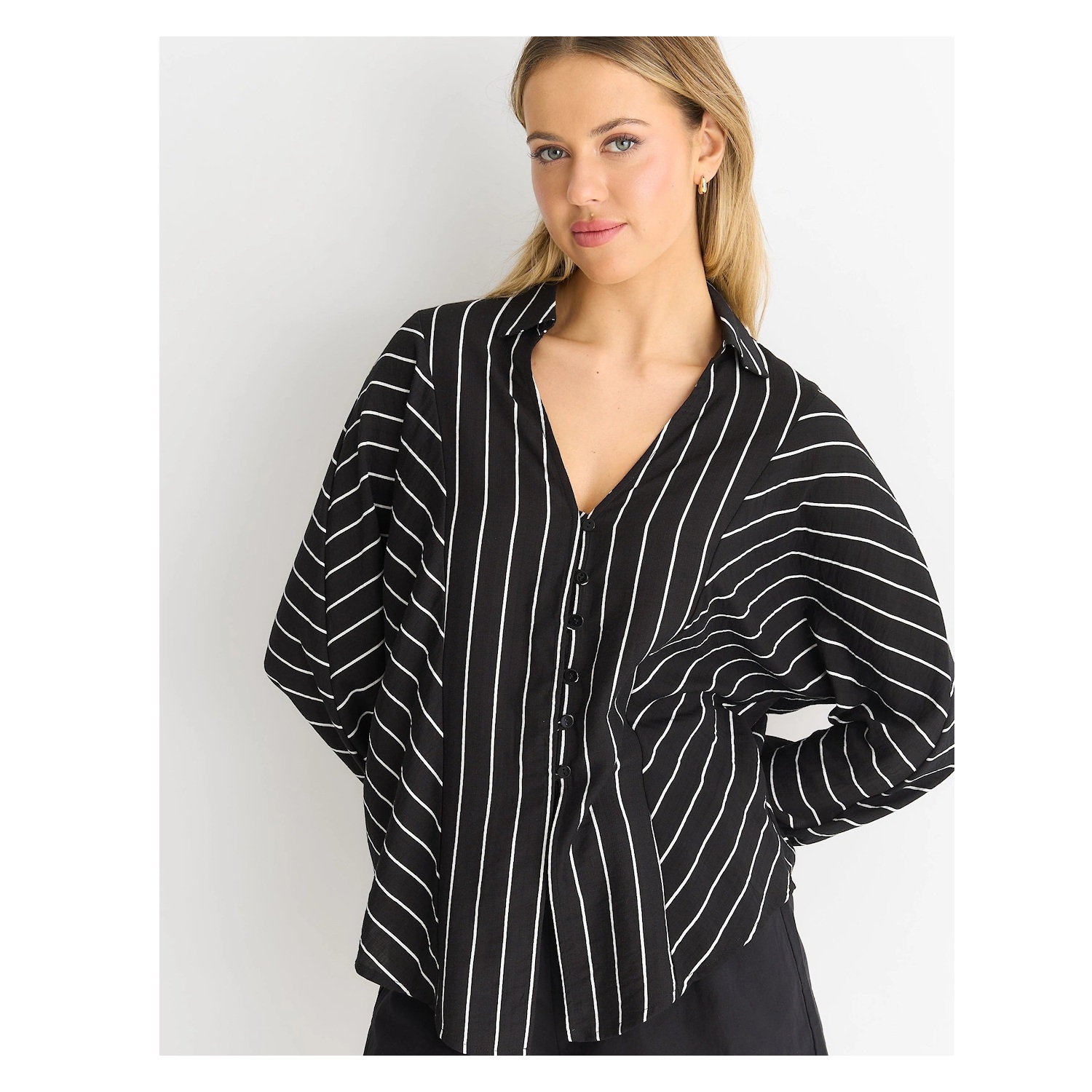 Long Sleeve Batwing Stripe Shirt – Black