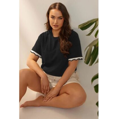 Yours Metallic Crochet Trim T-Shirt – Black