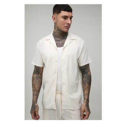 boohooMAN Regular Fit Short Sleeve Linen Blend Shirt – Natural