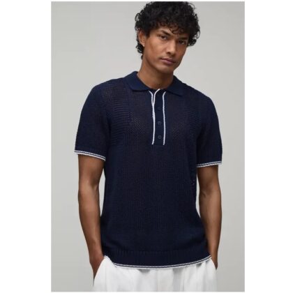 boohooMAN Regular Fit Open Stitch Knitted Polo – Navy